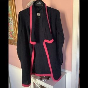 Qi Cashmere Navy pink waterfall trim cardigan medium 100%cashmere Euc